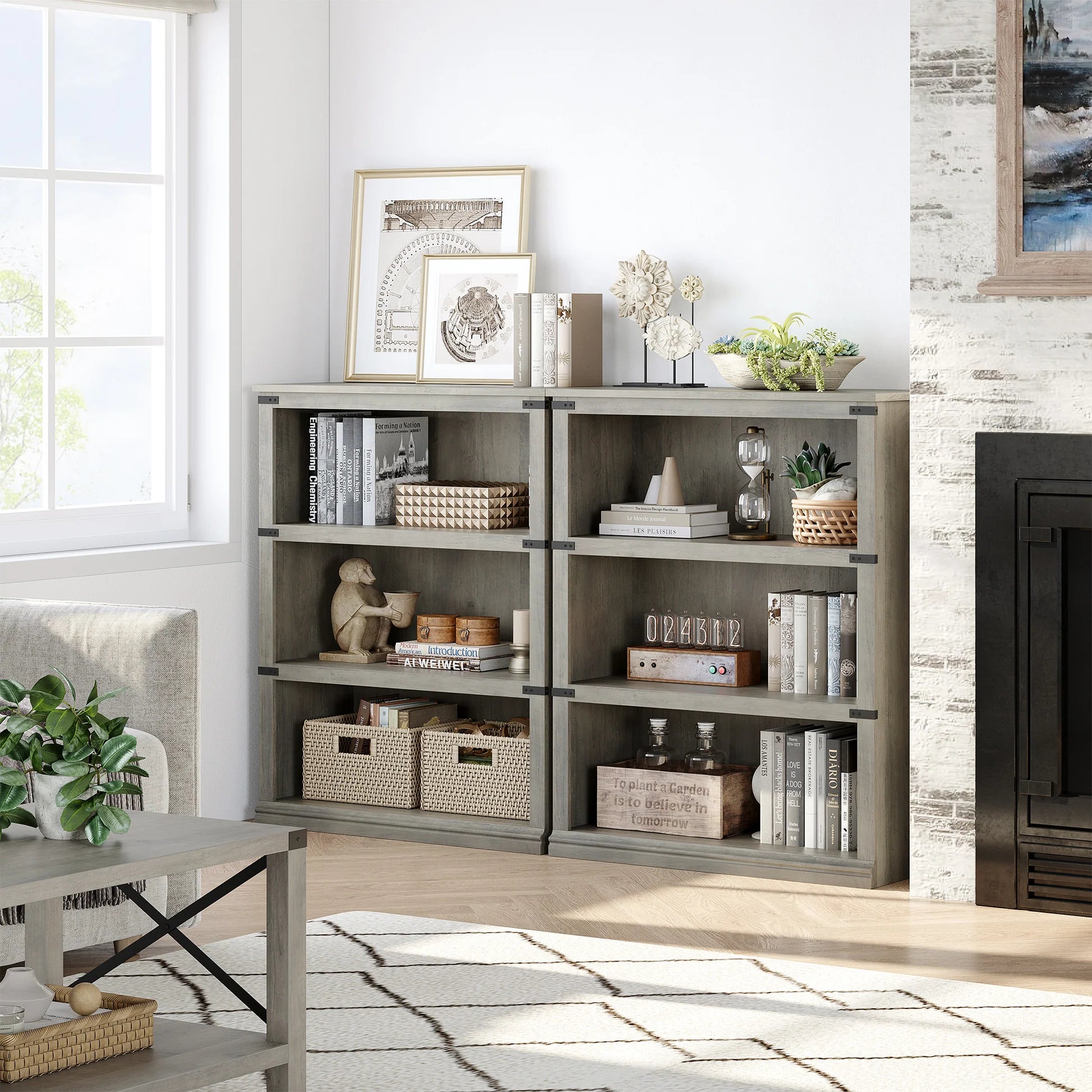 Garvee Bücherregal 4 Ebenen 80 x 32 x 102 cm, breites Standregal aus Holz mit 3 Regalbereichen, stabiles Aufbewahrungsregal im Industrie-Look, Grau