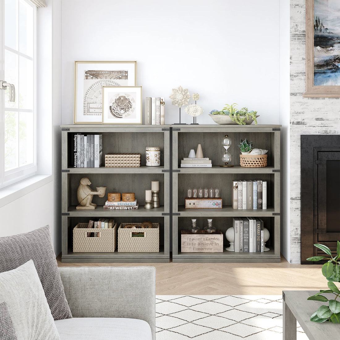 Garvee Bücherregal 4 Ebenen 80 x 32 x 102 cm, breites Standregal aus Holz mit 3 Regalbereichen, stabiles Aufbewahrungsregal im Industrie-Look, Grau