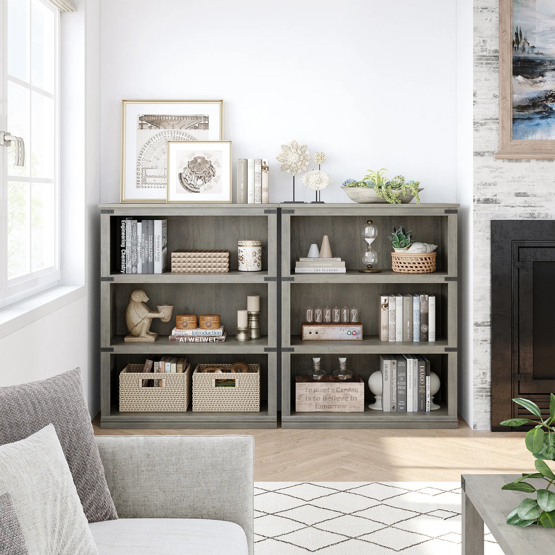 Garvee Bücherregal 4 Ebenen 80 x 32 x 102 cm, breites Standregal aus Holz mit 3 Regalbereichen, stabiles Aufbewahrungsregal im Industrie-Look, Grau