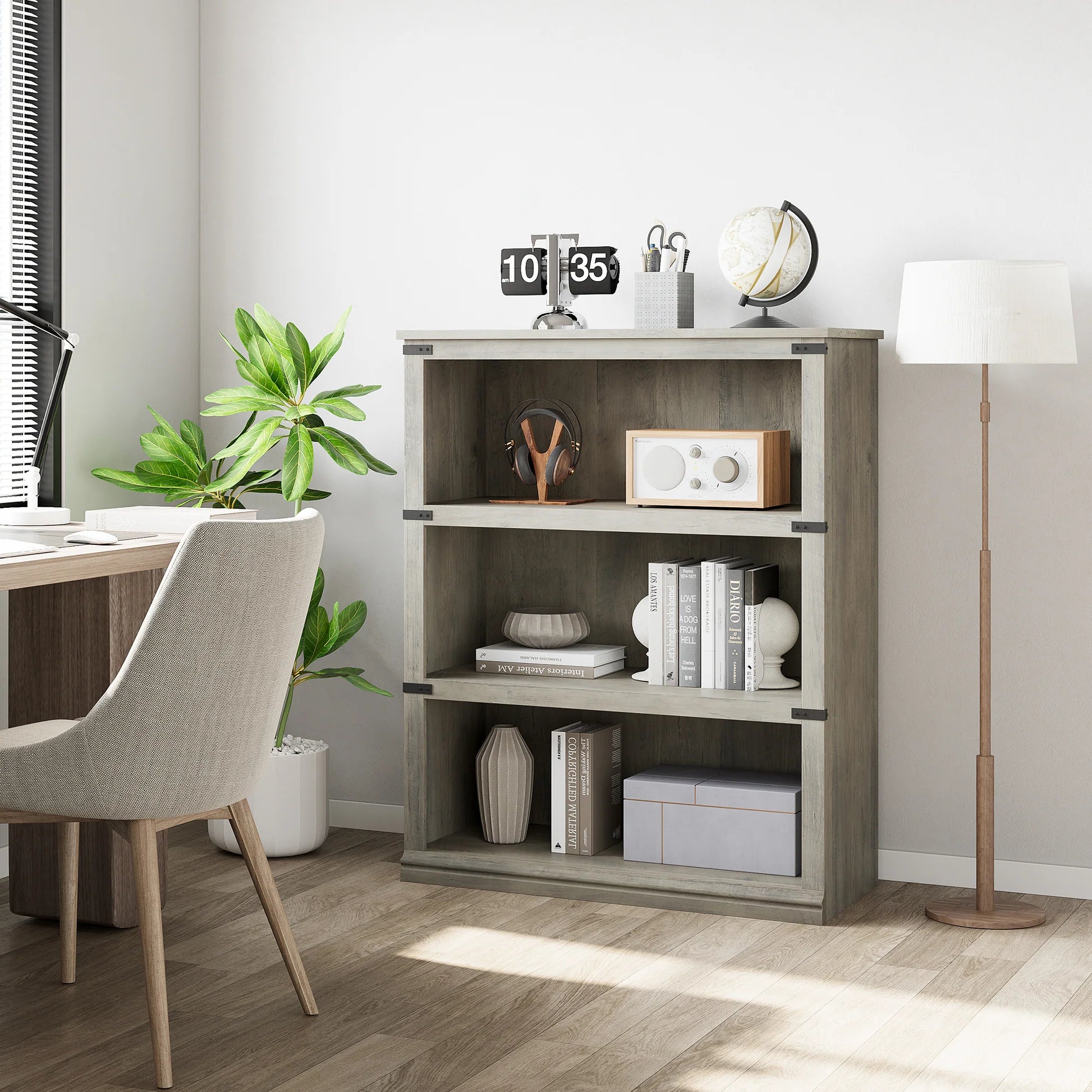 Garvee Bücherregal 4 Ebenen 80 x 32 x 102 cm, breites Standregal aus Holz mit 3 Regalbereichen, stabiles Aufbewahrungsregal im Industrie-Look, Grau