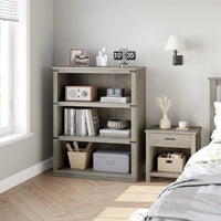Garvee Bücherregal 4 Ebenen 80 x 32 x 102 cm, breites Standregal aus Holz mit 3 Regalbereichen, stabiles Aufbewahrungsregal im Industrie-Look, Grau