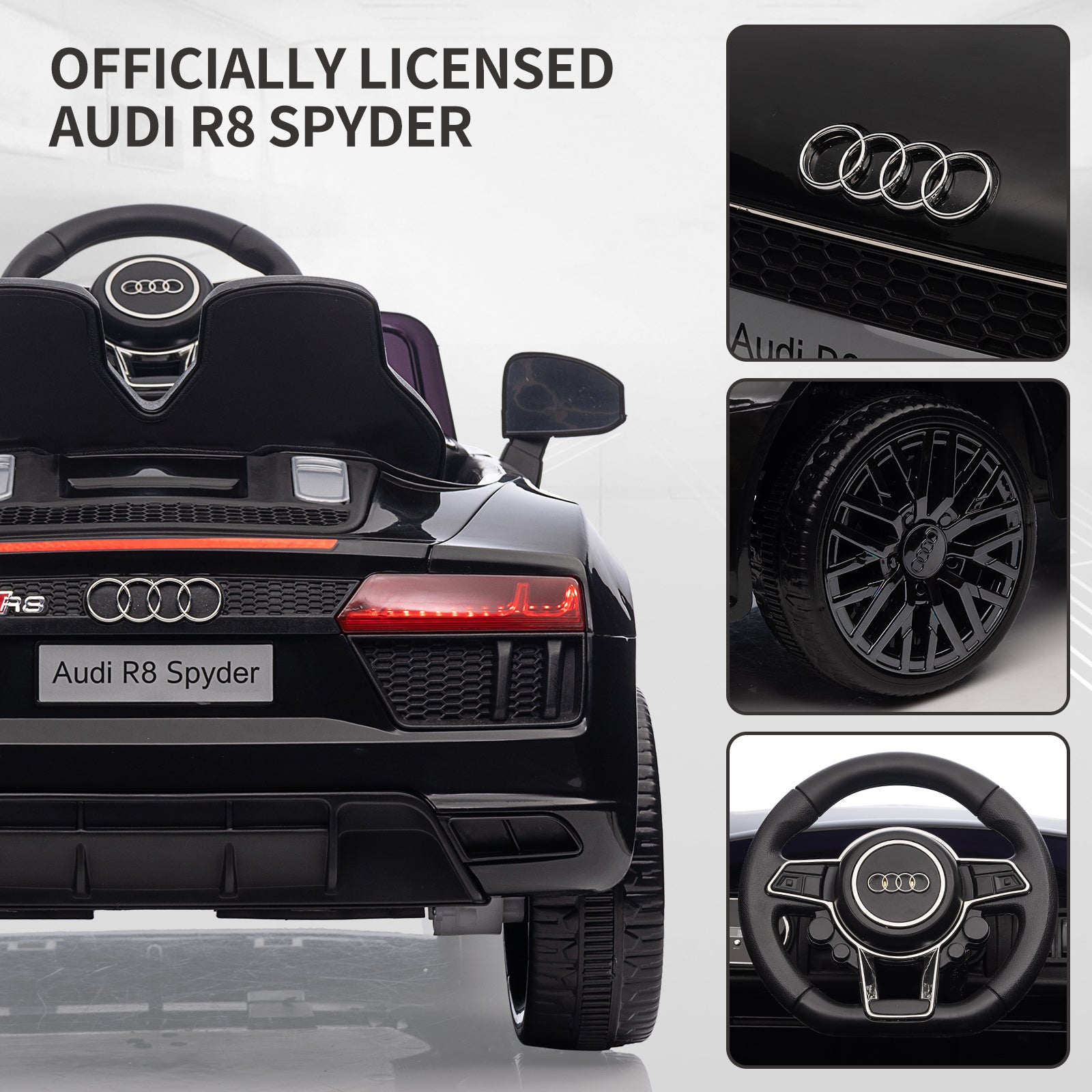 Garvee Schwarz 12V Kinder Elektroauto Audi R8 Modell Polizei mit Fernbedienung LED Musik für Kinder 3-8 Jahre