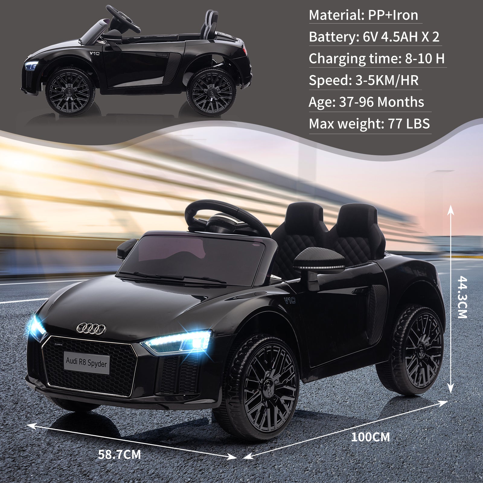 Garvee Schwarz 12V Kinder Elektroauto Audi R8 Modell Polizei mit Fernbedienung LED Musik für Kinder 3-8 Jahre