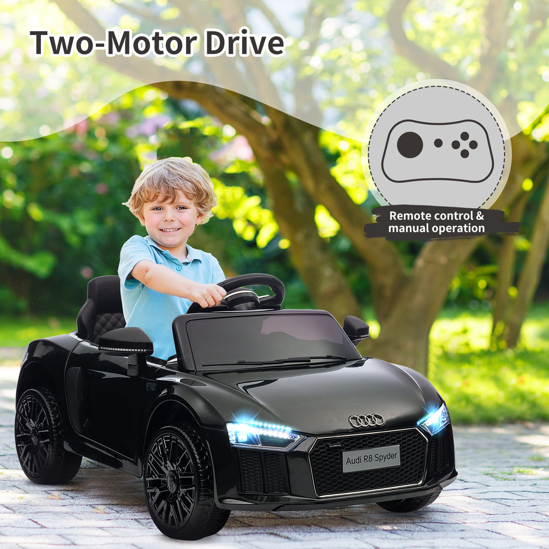 Garvee Schwarz 12V Kinder Elektroauto Sportwagen Audi R8 Modell Polizei mit Fernbedienung LED Musik für Kinder 3-8 Jahre