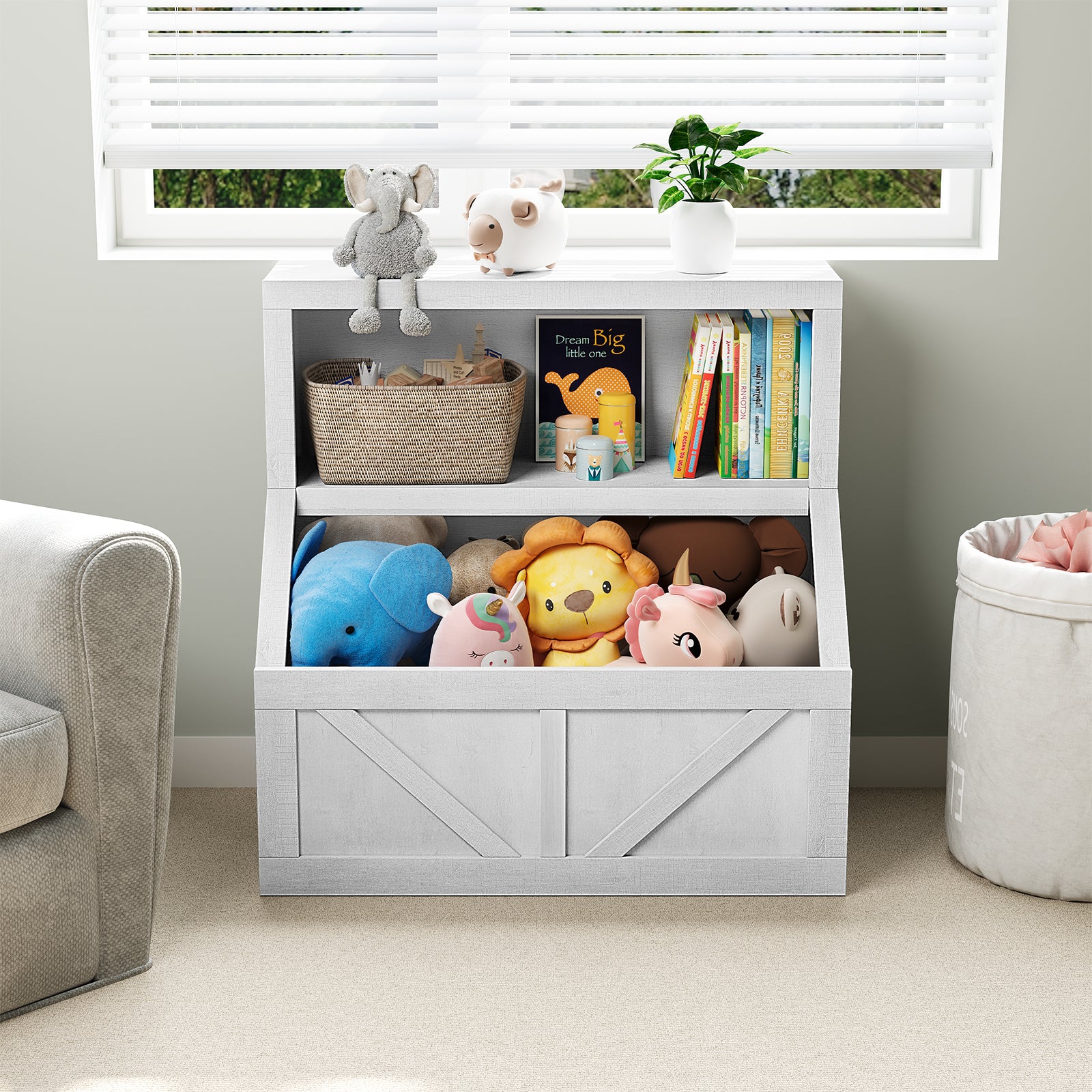 Garvee Kinder Bücherregal & Spielzeugaufbewahrung 2-stufig – Holz, 80×42×81 cm, Antikweiß für Spielzimmer & Kindergarten