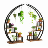 Garvee Pflanzenregal 2er Set, Halbmond Blumenständer mit je 5 Ebenen und 3 Haken, Metall Pflanzenständer für Innen & Außen, 142 × 60 × 40 cm, Wohnzimmer Balkon - Braun