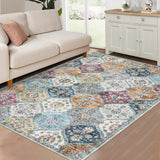 Garvee Waschbarer Vintage Teppich 120x170 cm, Blumendesign-Teppich mit Rautenmuster fürs Schlafzimmer, Kurzflor Wohnzimmerteppich für Büro Esszimmer Kinderzimmer, Gelb Lila - Gelb Lila