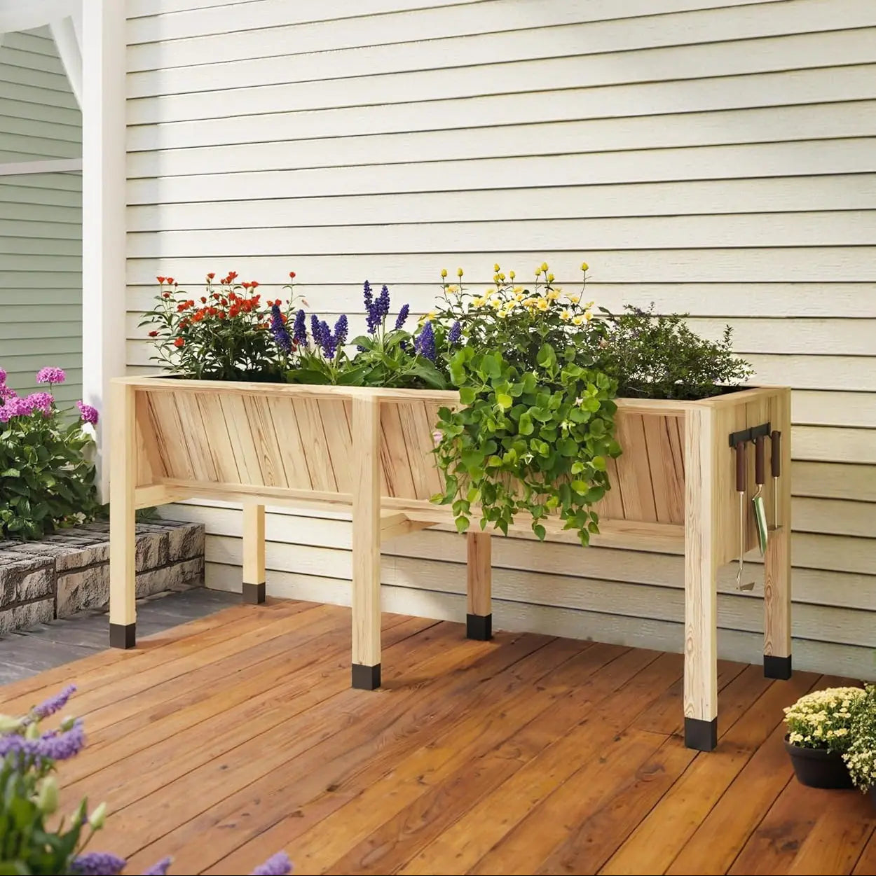 GARVEE Hochbeet aus Zedernholz 116,5 x 60 x 77 cm, Ergonomisches Pflanzbeet mit Haken, Hochbeet für Gemüse, Kräuter, Blumen und Balkon, Naturholz