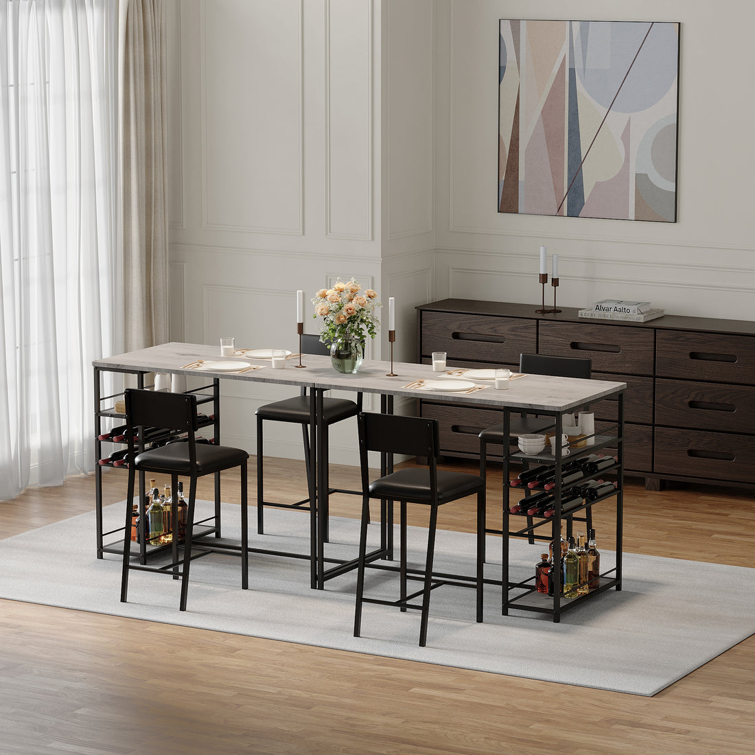 GARVEE Küchentisch Set für 2 Personen, Platzsparende Essgruppe mit Weinregal &  Ablagen, Gepolsterte Hocker und Stahlgestell für Kleine Räume & Apartments, Grau
