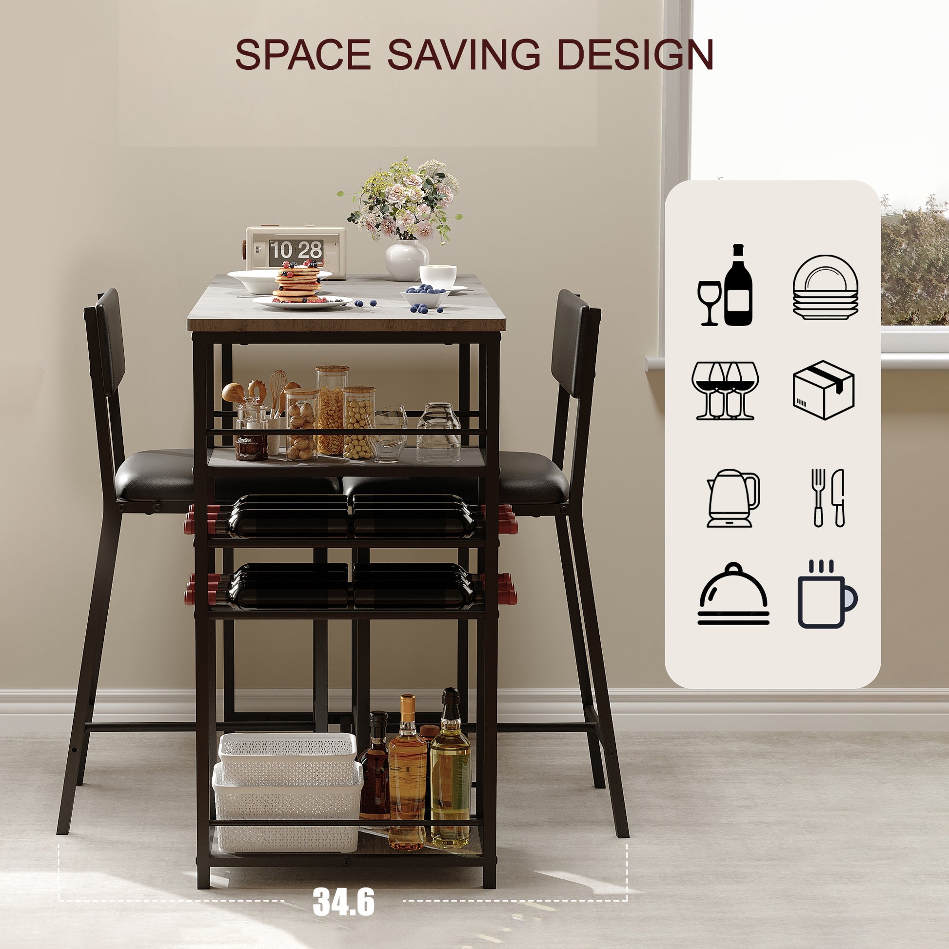GARVEE Küchentisch Set für 2 Personen, Platzsparende Essgruppe mit Weinregal &  Ablagen, Gepolsterte Hocker und Stahlgestell für Kleine Räume & Apartments, Grau