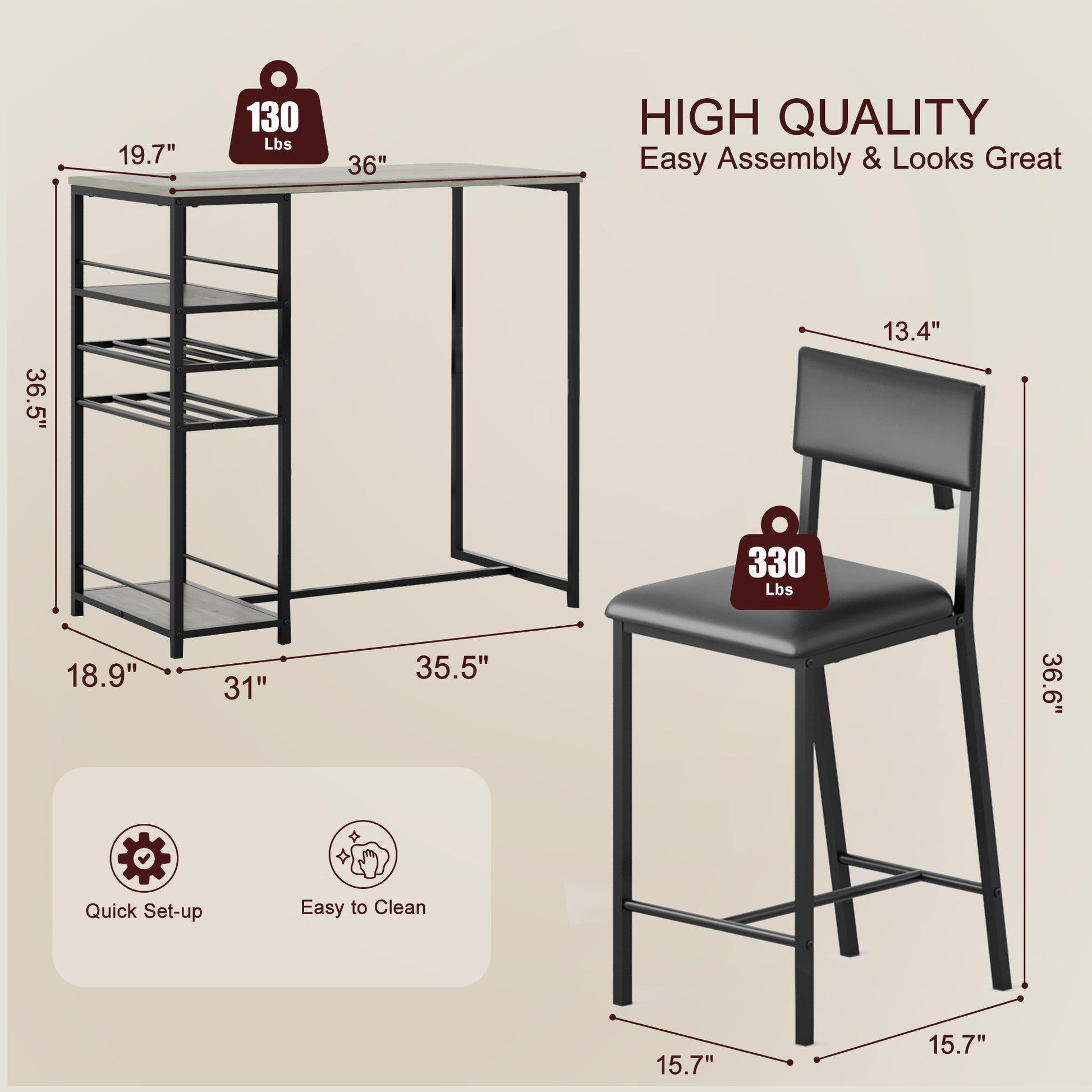 GARVEE Küchentisch Set für 2 Personen, Platzsparende Essgruppe mit Weinregal &  Ablagen, Gepolsterte Hocker und Stahlgestell für Kleine Räume & Apartments, Grau