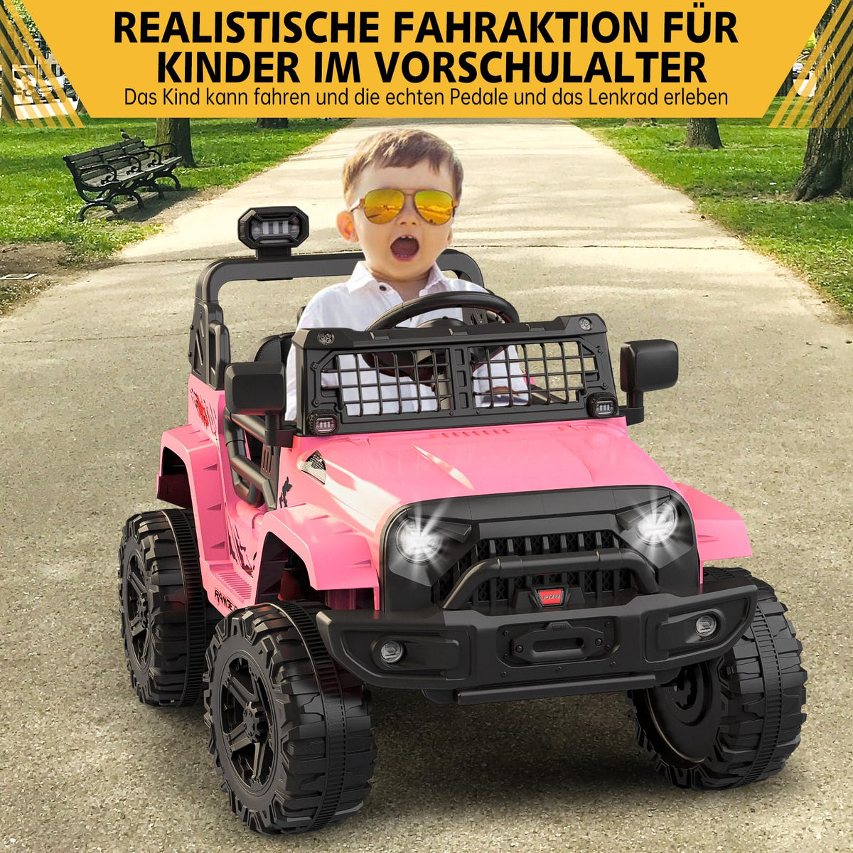 Kinder Elektroauto mit Geländereifen und Federung