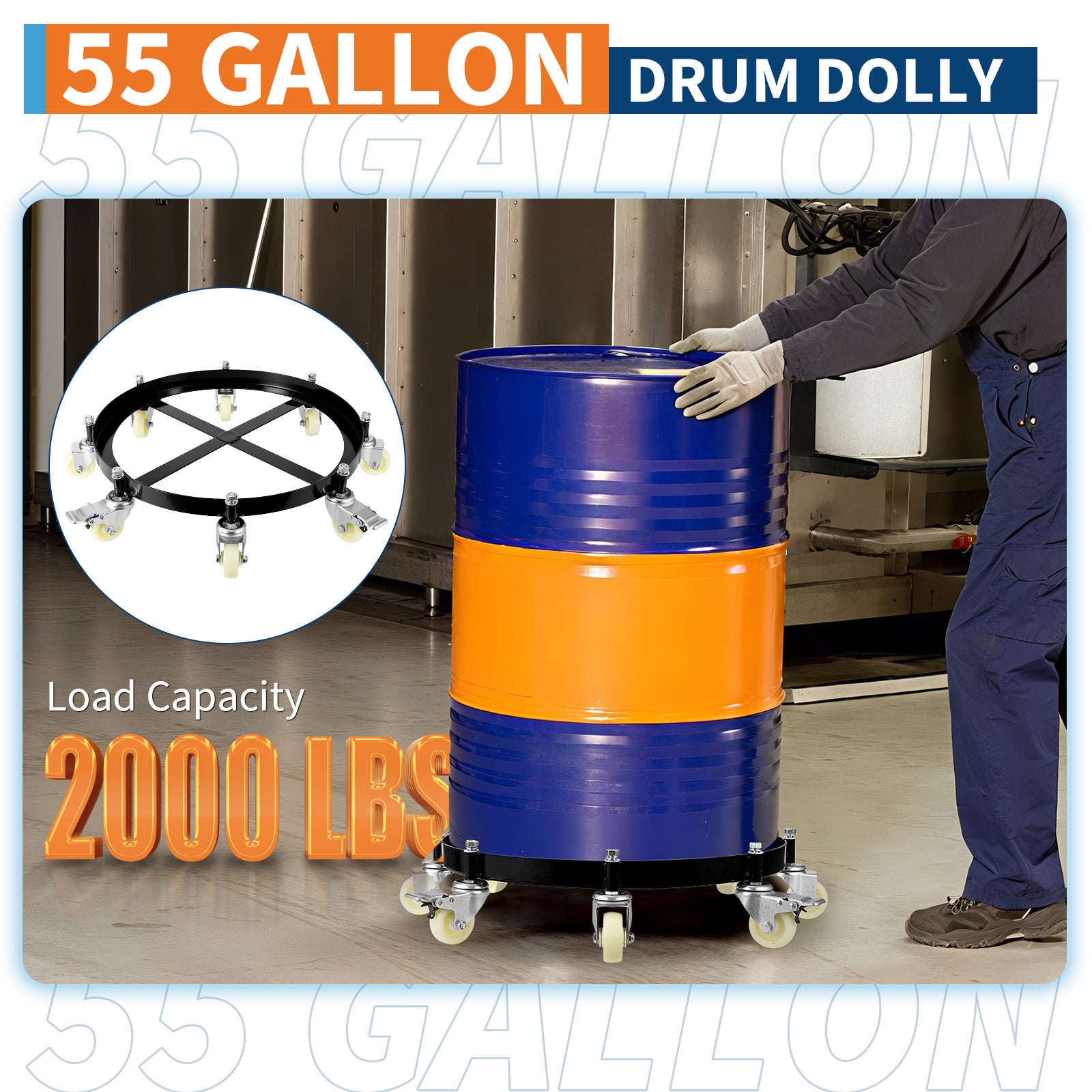 Garvee Schwerlast-Fasswagen für 55-Gallonen-Fässer – 907 kg (2000 lbs) Tragkraft, 8 Rollen inkl. Bremse, aus Q235 Stahl (Schwarz)