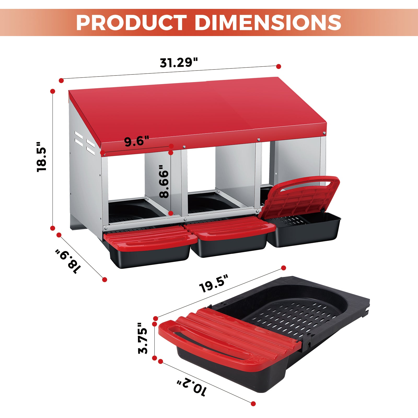 Garvee Hühnernestbox 3-Fach ohne Ständer Metall Legenest 80x50x47.5cm für 3-6 Hühner in Rot