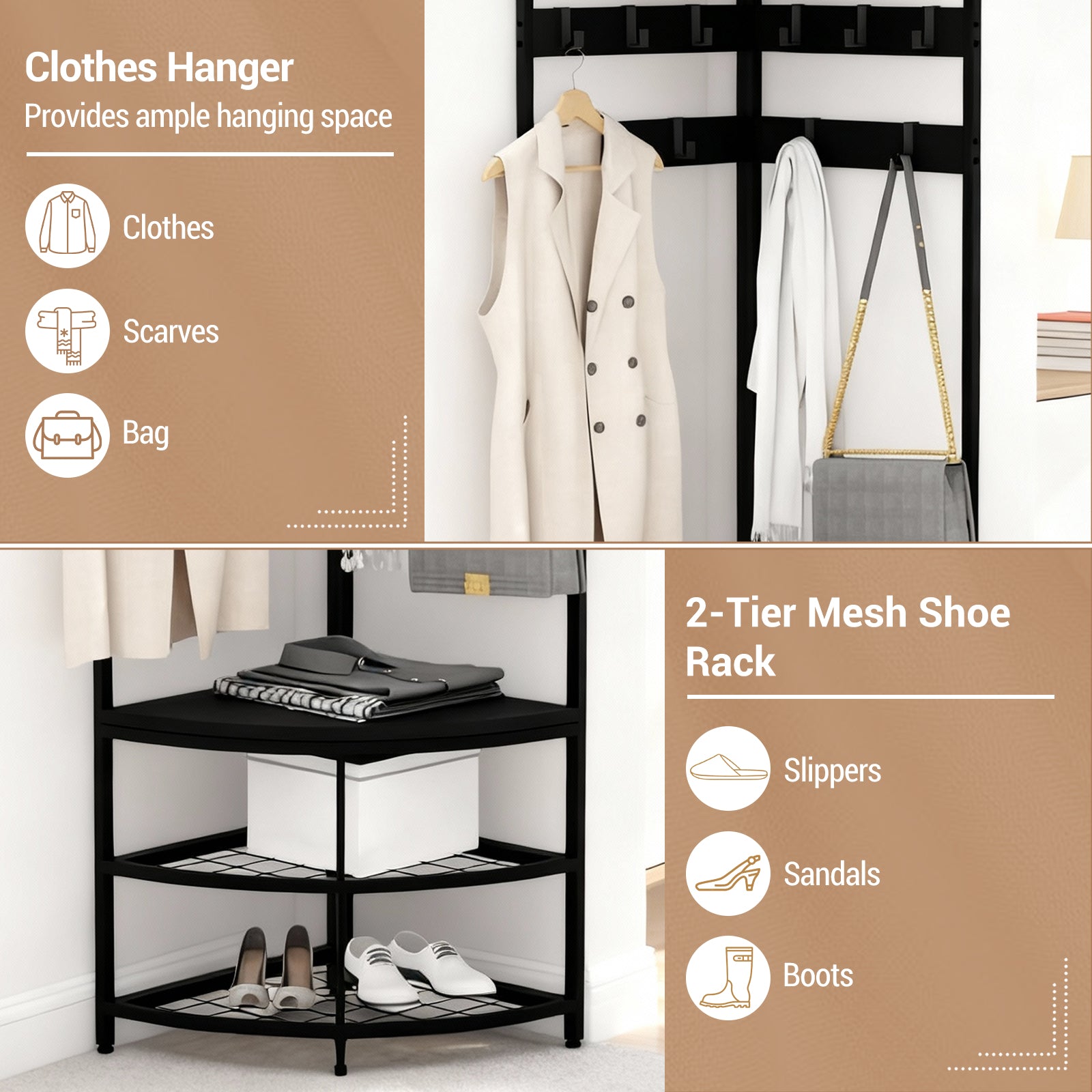 Garvee Eck-Garderobenständer aus Metall mit Stauraum, Anti-Kipp, Mesh-Regale, Freistehend