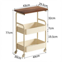 GARVEE Rollwagen mit 3 Ebenen, Servierwagen aus Metall mit Holzplatte, 4 Rollen mit Bremsen, 44 x 30 cm, Für Küche, Büro, Bad & Wohnzimmer, Weiß