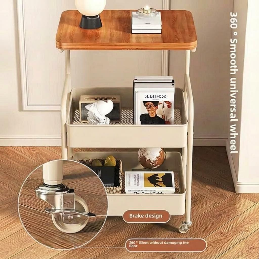 GARVEE Rollwagen mit 3 Ebenen, Servierwagen aus Metall mit Holzplatte, 4 Rollen mit Bremsen, 44 x 30 cm, Für Küche, Büro, Bad & Wohnzimmer, Weiß