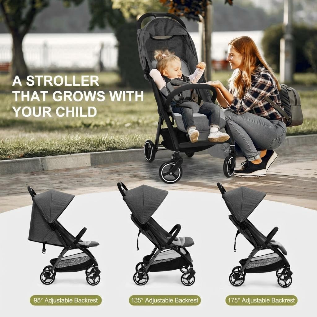 GARVEE Faltbarer Kinderwagen für Babys 0–36 Monate, Leichter Reisebuggy mit Verstellbarer Rückenlehne, Komfortabel und Platzsparend, Grau