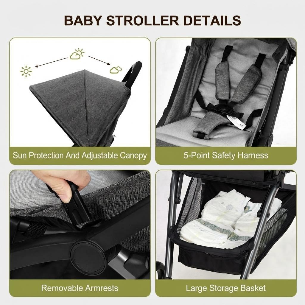 GARVEE Faltbarer Kinderwagen für Babys 0–36 Monate, Leichter Reisebuggy mit Verstellbarer Rückenlehne, Komfortabel und Platzsparend, Grau