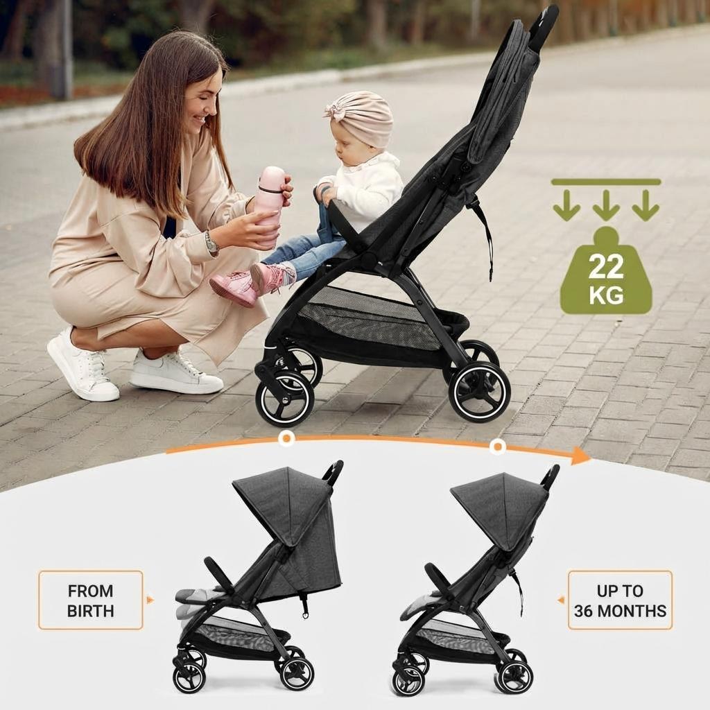 GARVEE Faltbarer Kinderwagen für Babys 0–36 Monate, Leichter Reisebuggy mit Verstellbarer Rückenlehne, Komfortabel und Platzsparend, Grau