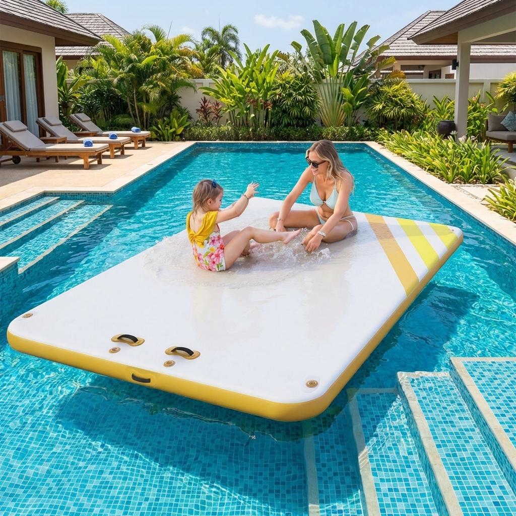 Garvee Aufblasbare Schwimmplattform 2.4 x 1.8 m, Für 4–6 Personen, Rutschfest, PVC, Mit Leiter, Für See & Wasser, Gelb
