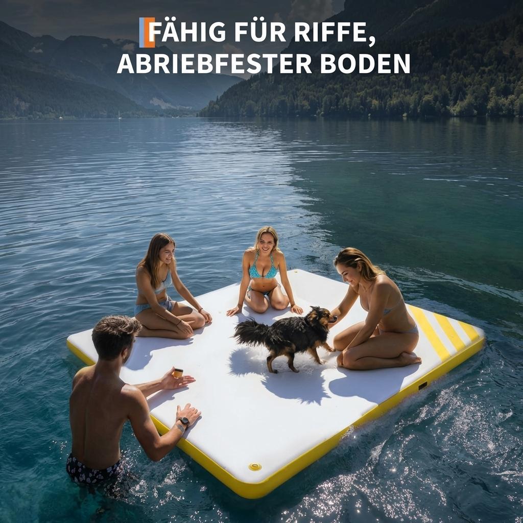 Garvee Aufblasbare Schwimmplattform 1.8 x 1.5 m, Für 3–5 Personen, Rutschfest, PVC, Mit Leiter, Für See & Wasser, Gelb
