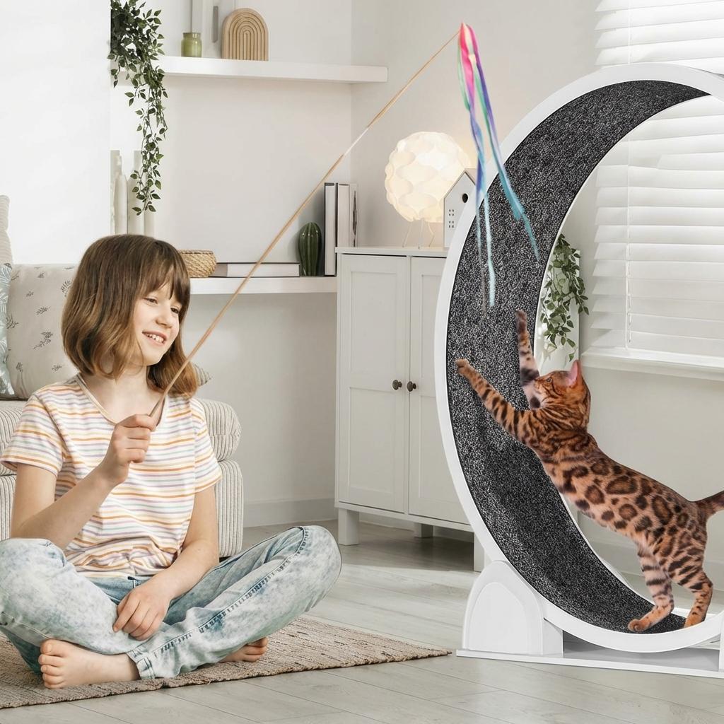 GARVEE XL Katzenlaufrad Ø103 cm für große Katzen bis 12 kg, Leises Katzenrad mit Schrittzähler & Kratzbrett, Abnehmbarer Teppich, Weiß