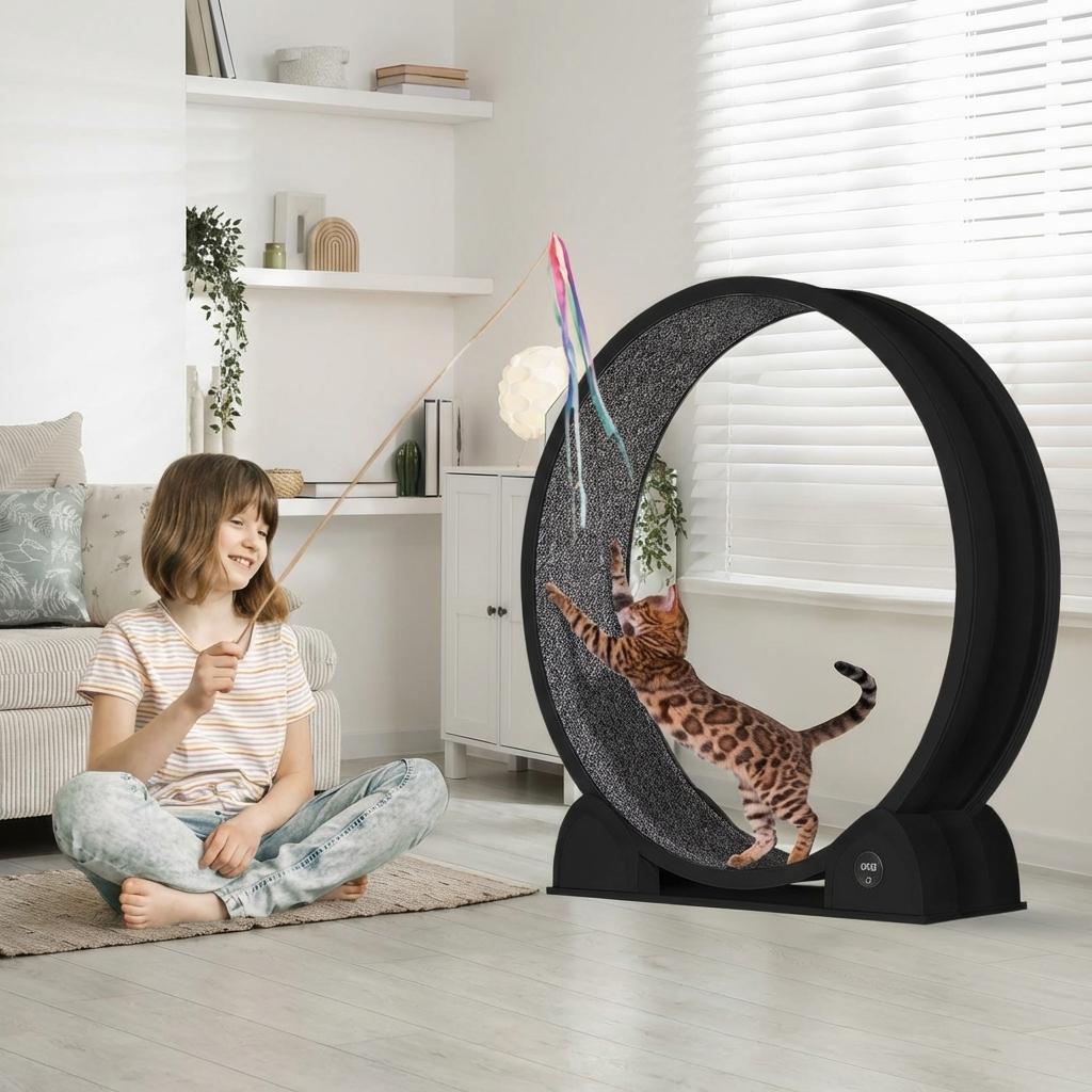 GARVEE XL Katzenlaufrad Ø103 cm für große Katzen bis 12 kg, Leises Katzenrad mit Schrittzähler & Kratzbrett, Abnehmbarer Teppich, Schwarz