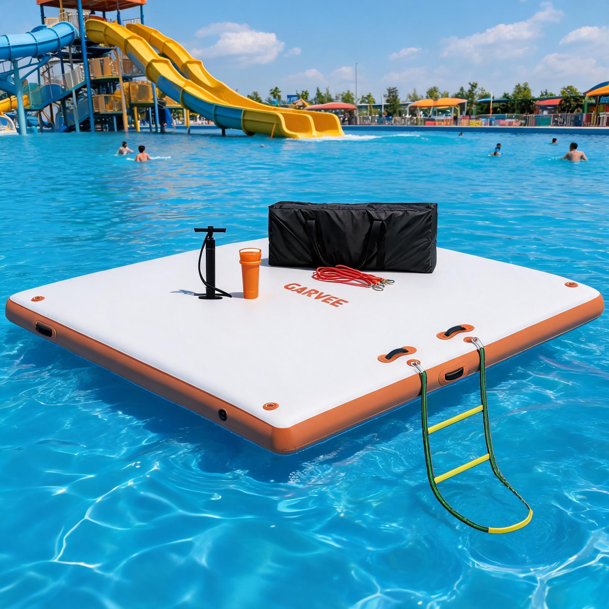Garvee Aufblasbare Schwimmplattform 3 x 3 m, Für 8–10 Personen, Rutschfest, PVC, Mit Leiter, Für See & Wasser, Orange