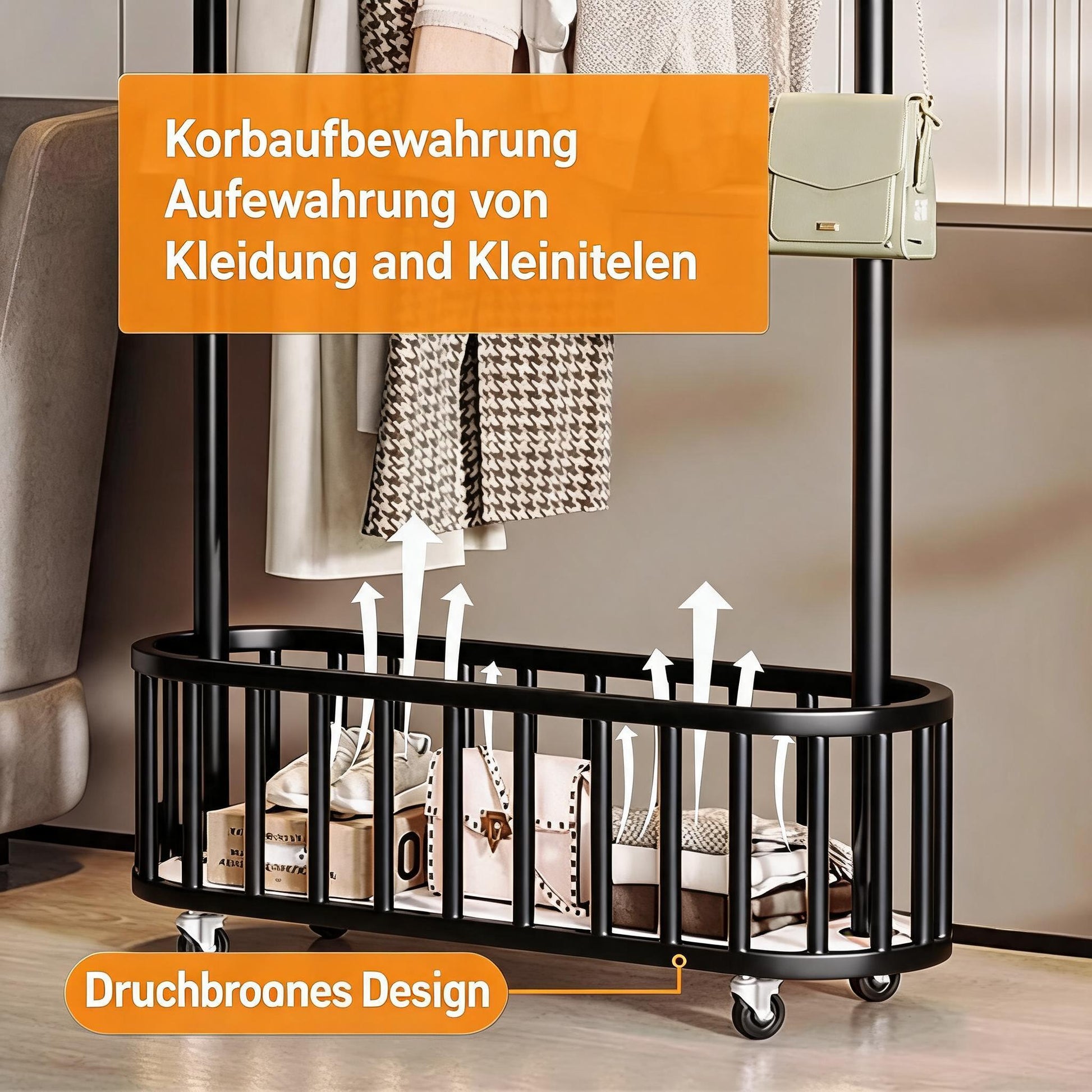 GARVEE Kleiderständer auf Rollen mit Ablagekorb, Metall Garderobenständer mit 360° drehbaren Rädern, Großer Stauraum für Schlafzimmer & Büro, Schwarz, 80 x 175 cm