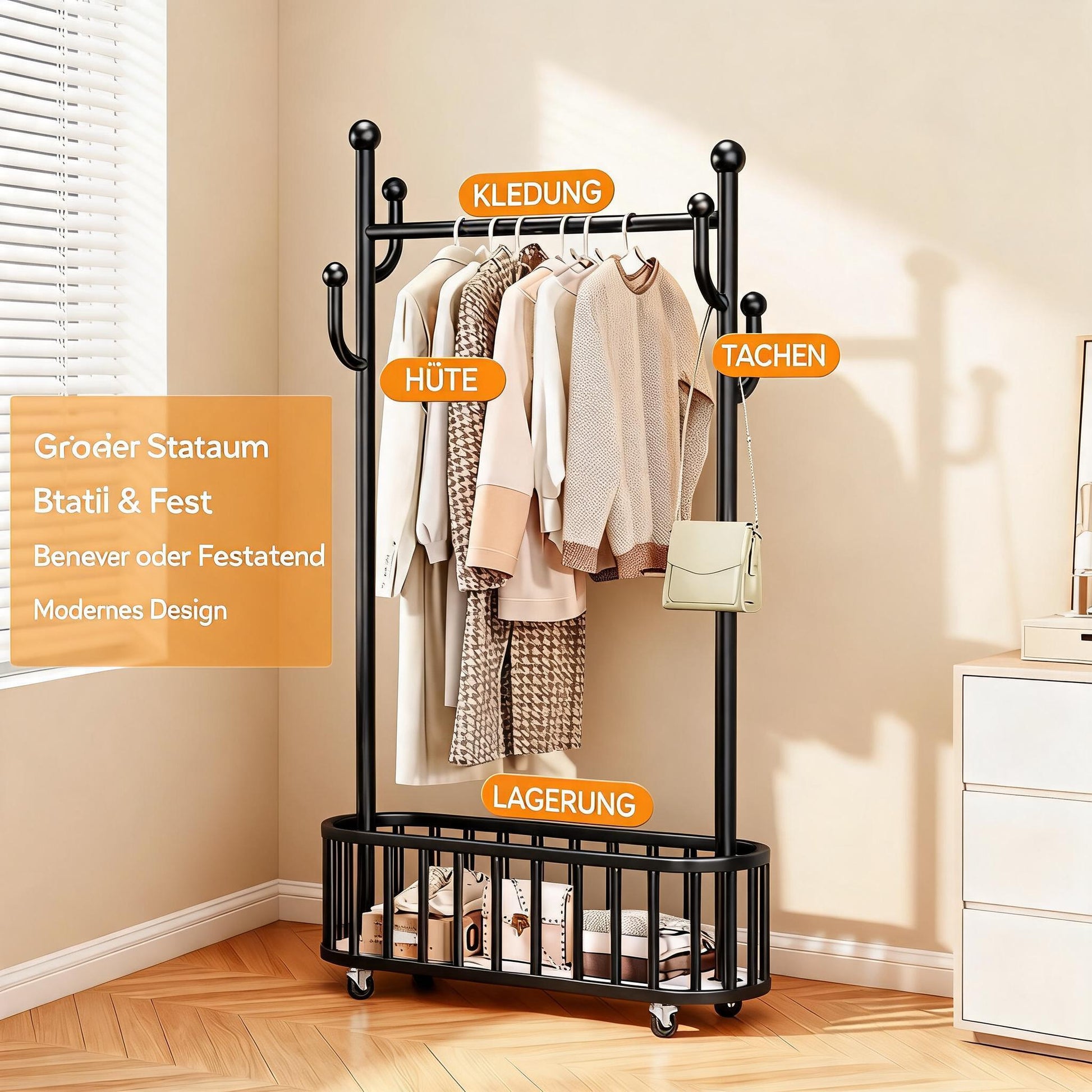GARVEE Kleiderständer auf Rollen mit Ablagekorb, Metall Garderobenständer mit 360° drehbaren Rädern, Großer Stauraum für Schlafzimmer & Büro, Schwarz, 80 x 175 cm