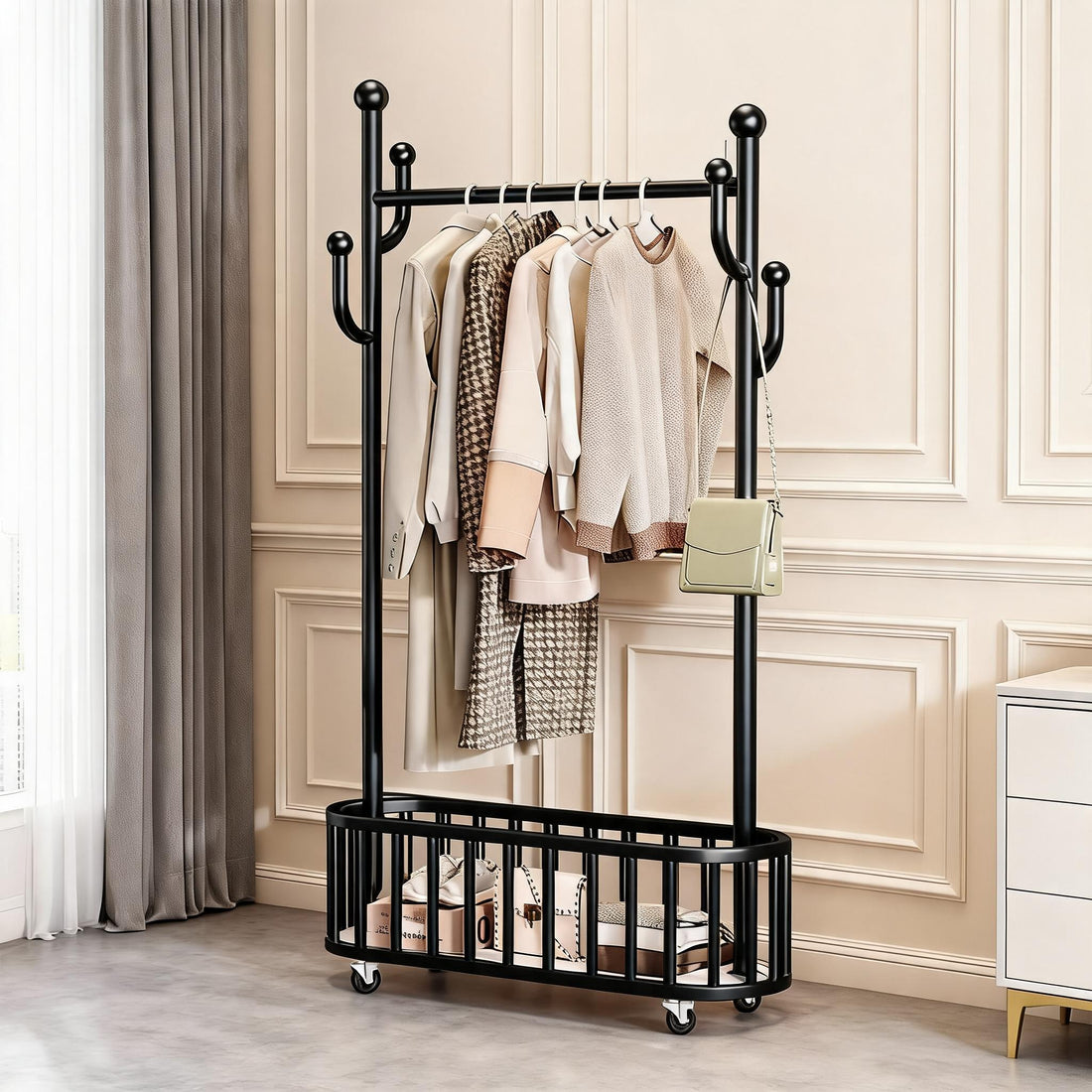 GARVEE Kleiderständer auf Rollen mit Ablagekorb, Metall Garderobenständer mit 360° drehbaren Rädern, Großer Stauraum für Schlafzimmer & Büro, Schwarz, 100 x 175 cm