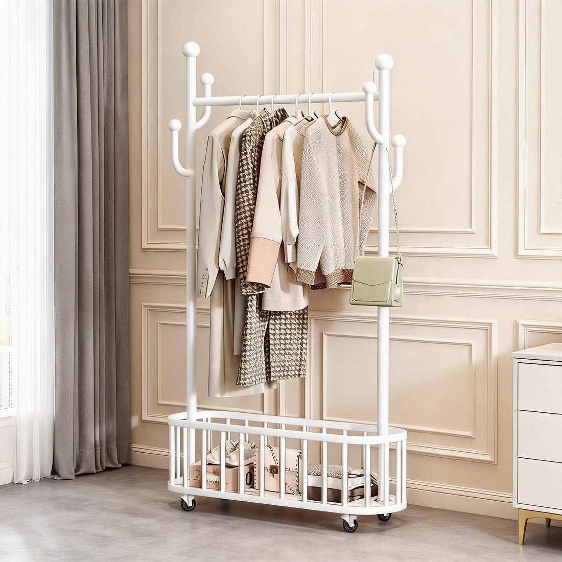 GARVEE Kleiderständer auf Rollen mit Ablagekorb, Metall Garderobenständer mit 360° drehbaren Rädern, Großer Stauraum für Schlafzimmer & Büro, Weiß, 100 x 175 cm