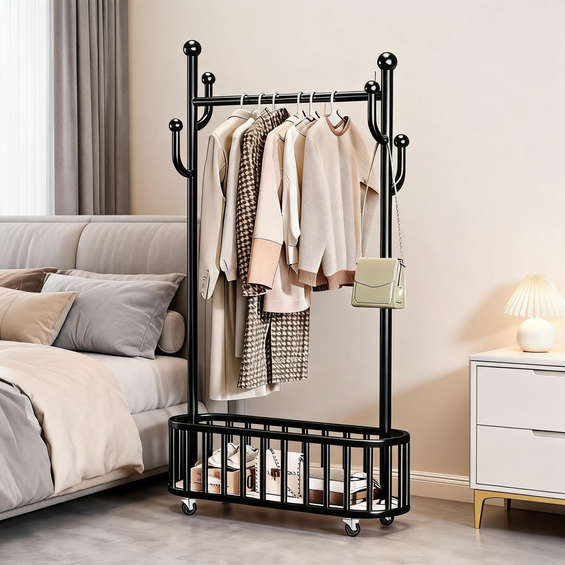 GARVEE Kleiderständer auf Rollen mit Ablagekorb, Metall Garderobenständer mit 360° drehbaren Rädern, Großer Stauraum für Schlafzimmer & Büro, Schwarz, 80 x 175 cm