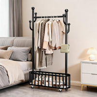 GARVEE Kleiderständer auf Rollen mit Ablagekorb, Metall Garderobenständer mit 360° drehbaren Rädern, Großer Stauraum für Schlafzimmer & Büro, Schwarz, 80 x 175 cm