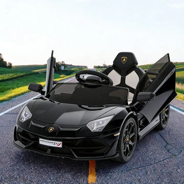 GARVEE 12V Lamborghini Kinderauto Elektrofahrzeug, Mit Eltern-Fernbedienung, LED-Beleuchtung, Soundsystem und Federung, Kinder Elektroauto für Jungen und Mädchen von 3–8 Jahren, Schwarz