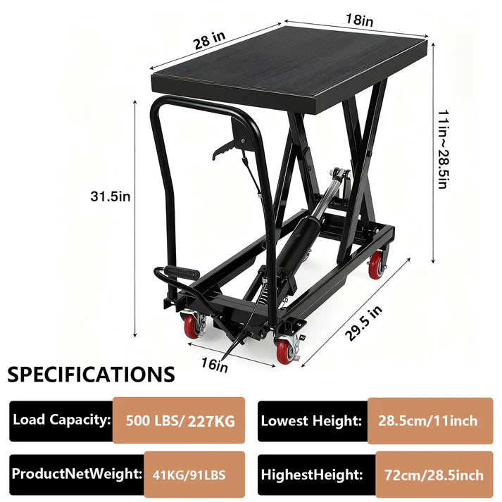 Dimensions and platform size of the lift table