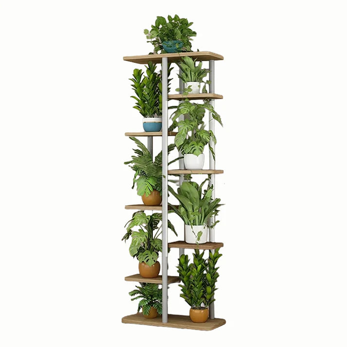 Garvee Mehrstöckiges Pflanzenregal Metall Mit Holzsockel Für Innen Und Außen Balkon Garten, Natur-Eiche, Verschiedene Größen