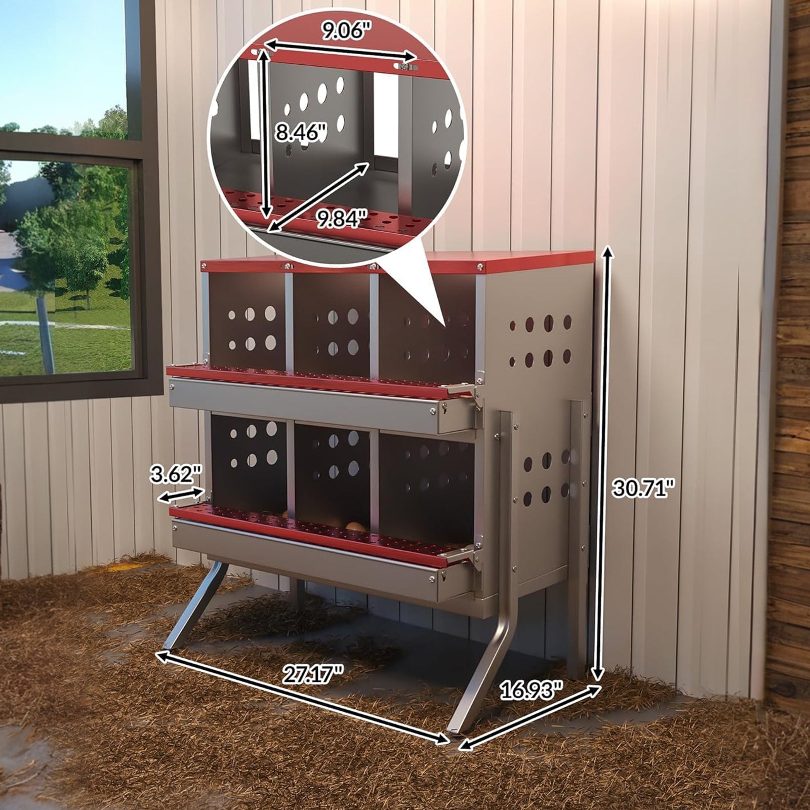 Garvee Hühner Nistkästen 6 Fächer Metall, 69x43x78 cm Gesamt Mit Ständer, 23x25x21.5 cm Pro Fach, Wasserdicht Verzinkter Stahl, Für 6 Hühner (Rot)