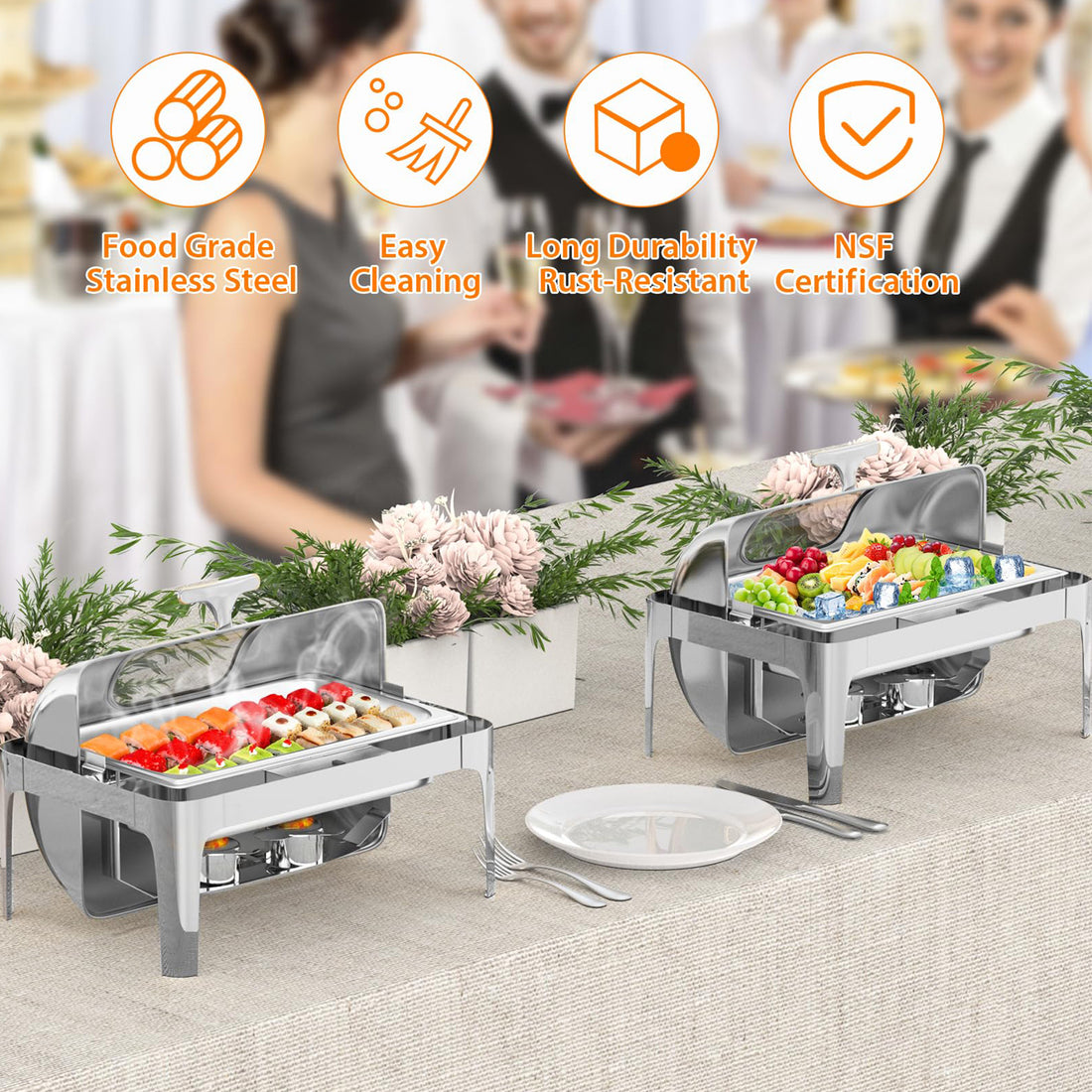 Garvee Chafing Dish 9 L aus Edelstahl, Rolltop Speisenwärmer mit Glasfenster und Komplettem Zubehör, Spülmaschinengeeignet für Buffet, Catering und Events