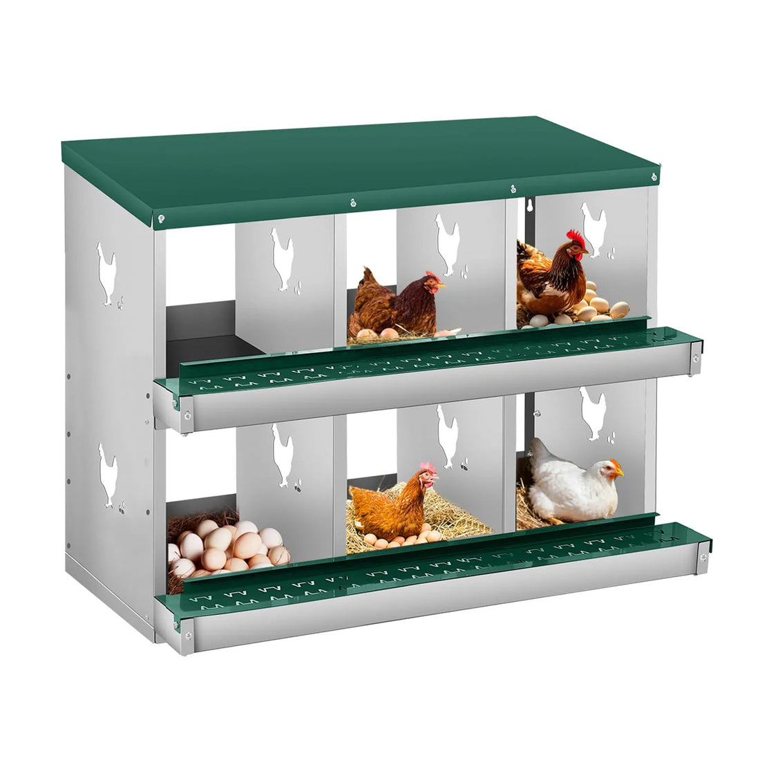 Garvee Hühnernestkasten 6 Fächer aus Metall mit Rollaway-System, Verzinkter Stahl
