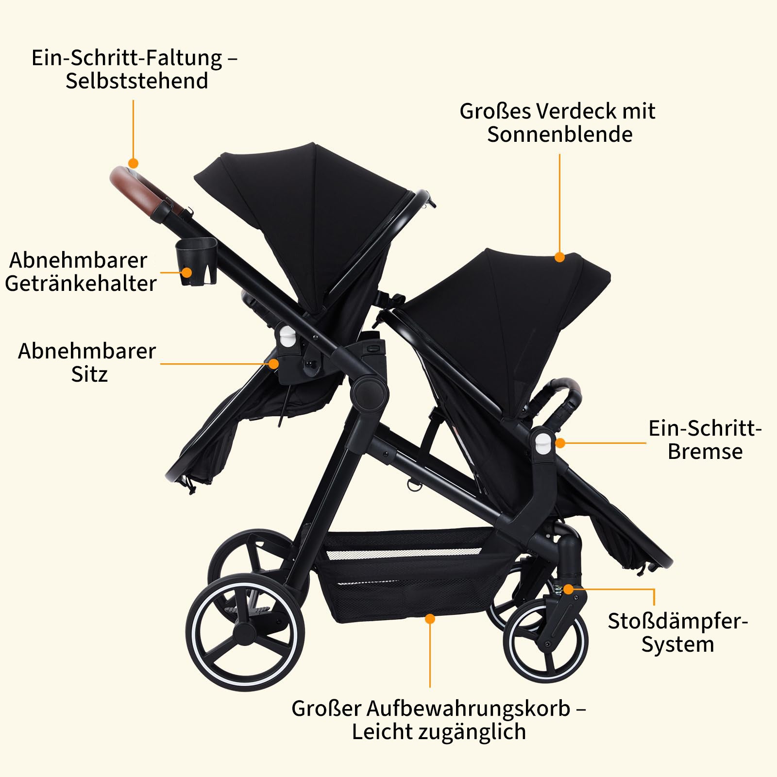 Garvee Zwillingsbuggy für 2 Kinder – Faltbar, Stoßfest & Sicher | Geeignet für 0–36 Monate