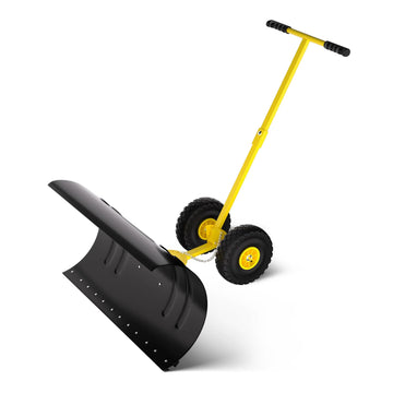 Garvee Schneeschieber mit Rädern – 75x40 cm Stahl-Klinge, 5-fach höhen- & neigungsverstellbar, klappbar & rückenschonend für Einfahrt und Gehweg (Gelb)