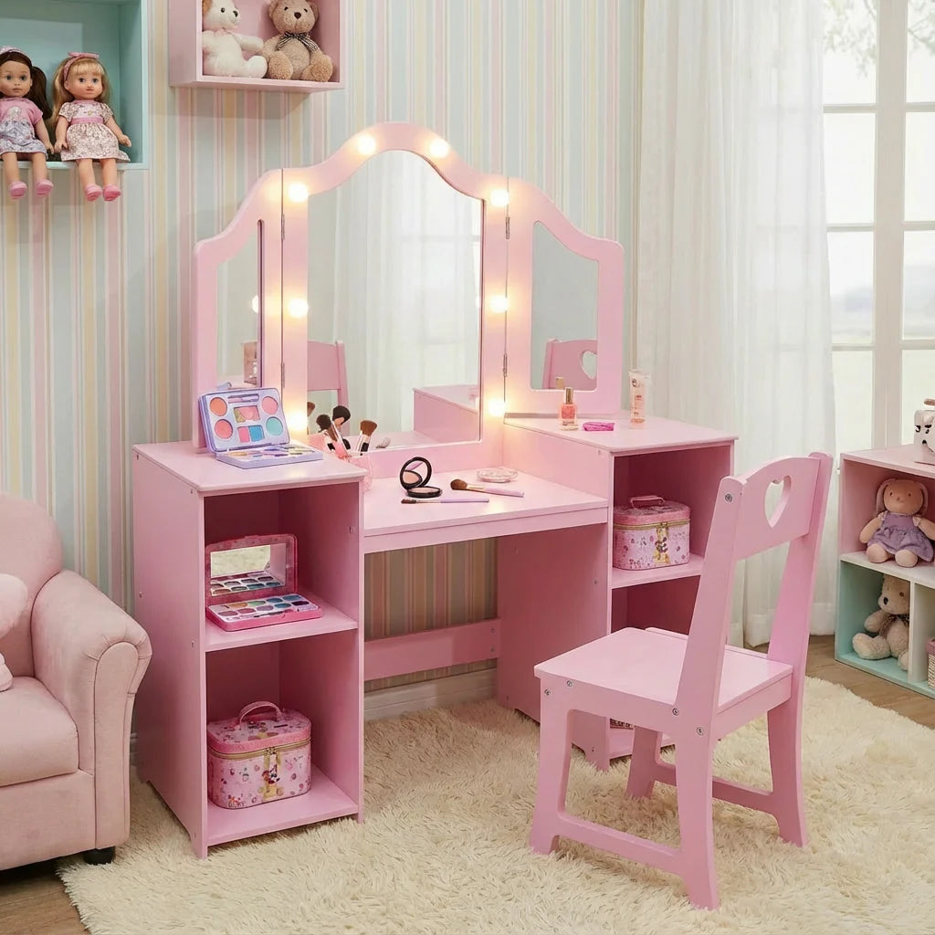 Garvee Prinzessin Schminktisch Mit LED Licht, Spiegel, Stuhl, 104×41×117 cm, Rosa