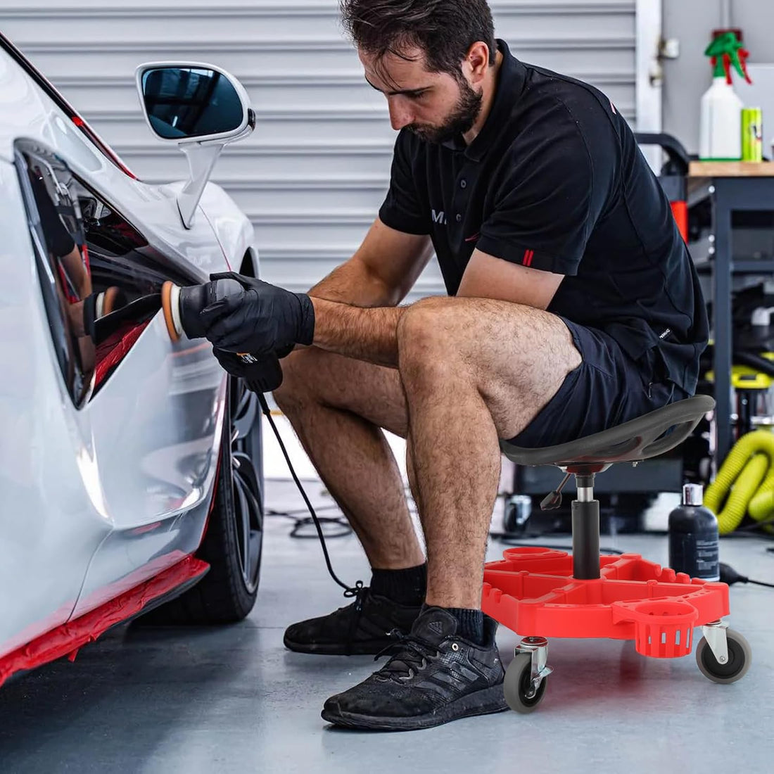 Garvee Mechaniker-Rollhocker Höhenverstellbar 50,8-63,5 cm, 136 kg Tragkraft, mit verriegelbaren Rollen für Werkstatt & Garage, Rot