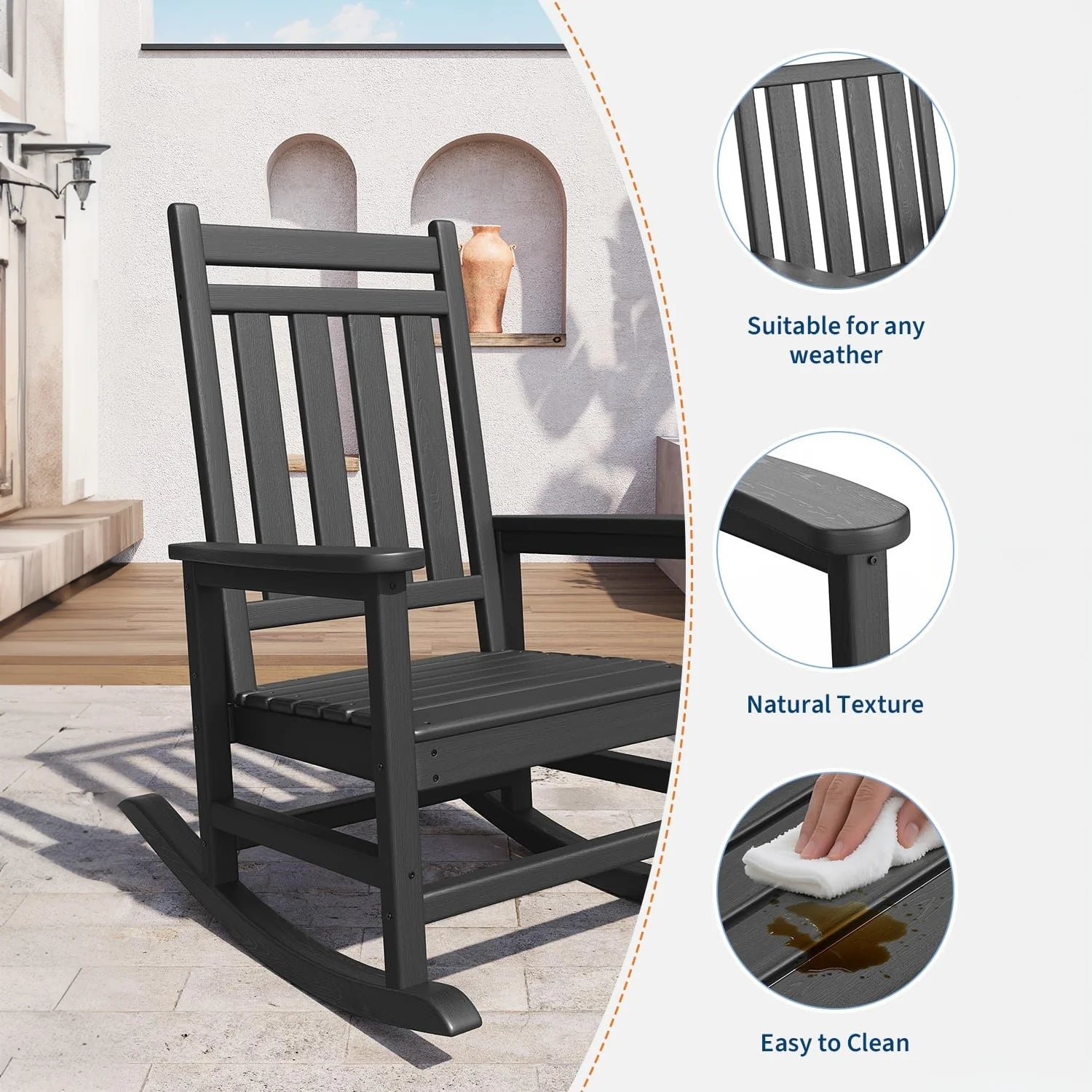 Garvee Adirondack Schaukelstuhl aus HDPE – Wetterfest, Ergonomisch, Hohe Rückenlehne, Schwarz, Für Garten & Terrasse