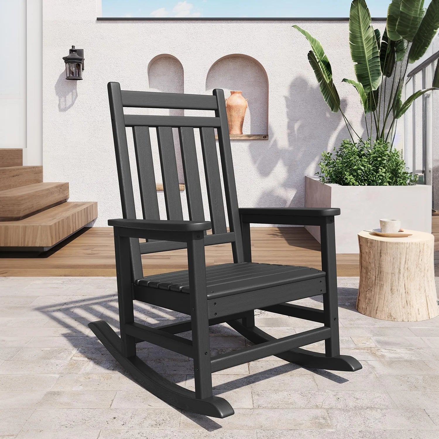 Garvee Adirondack Schaukelstuhl aus HDPE – Wetterfest, Ergonomisch, Hohe Rückenlehne, Schwarz, Für Garten & Terrasse