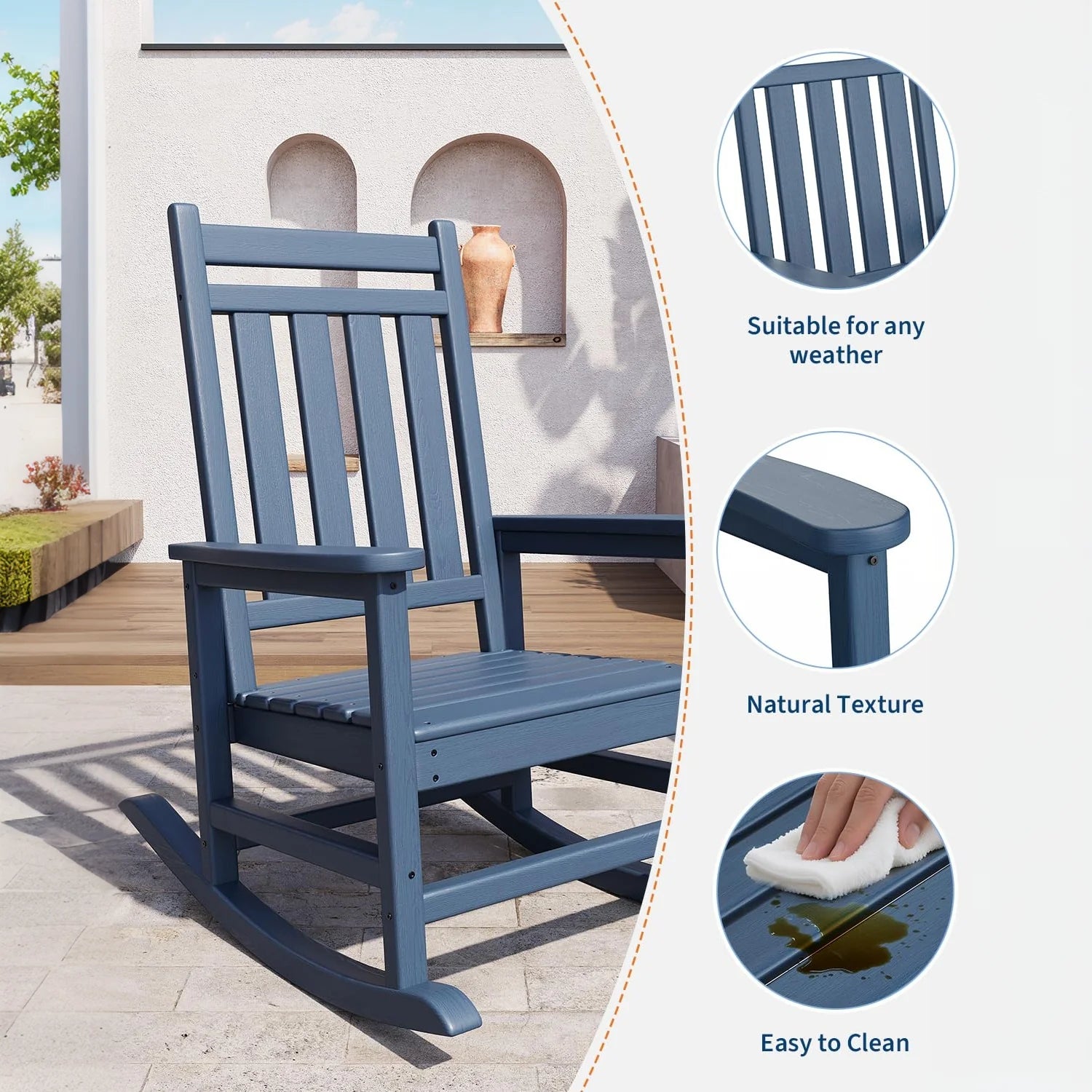 Garvee Adirondack Schaukelstuhl HDPE, Wetterfest, Ergonomisch, Hohe Rückenlehne, Für Garten, Navy Blau