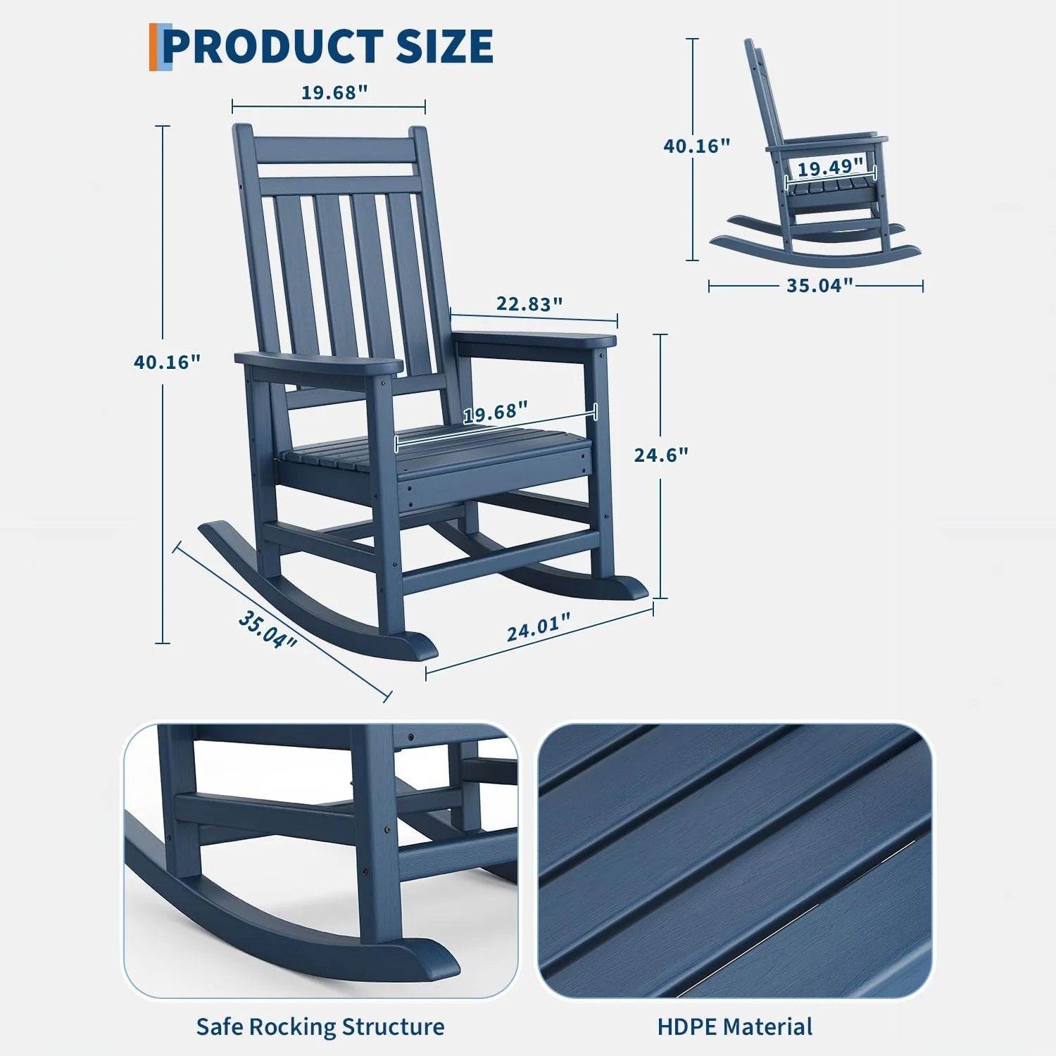 Garvee Adirondack Schaukelstuhl HDPE, Wetterfest, Ergonomisch, Hohe Rückenlehne, Für Garten, Navy Blau