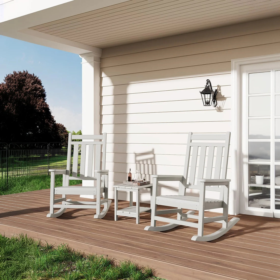 Garvee Adirondack Schaukelstuhl HDPE, Wetterfest, Ergonomisch, Hohe Rückenlehne, Für Garten, Weiß